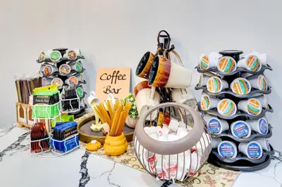 a table with a coffee bar with a bunch of cups at about 4 Mi to Downtown Philadelphia Cozy Retreat in Philadelphia