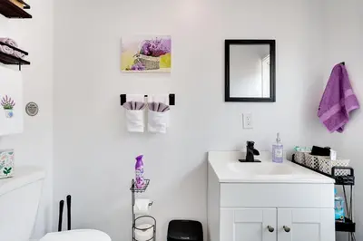 a white bathroom with a sink and a mirror at about 4 Mi to Downtown Philadelphia Cozy Retreat in Philadelphia