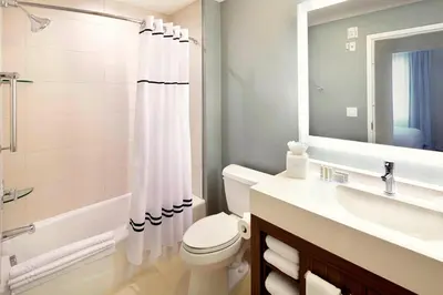 a bathroom with a sink and a toilet and a mirror at Residence Inn by Marriott Secaucus Meadowlands in Secaucus