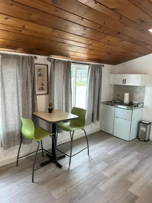 a kitchen with a table and chairs in a room at New Hope Lodge in New Hope