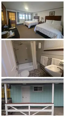 two pictures of a hotel room with a bed and a bathroom at New Hope Lodge in New Hope