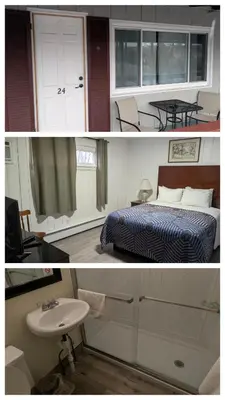 two pictures of a bedroom with a bed and a sink at New Hope Lodge in New Hope