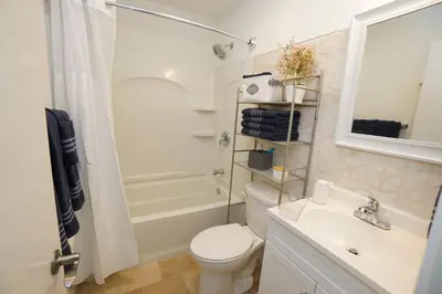a bathroom with a toilet and a sink and a shower at ADA-accessible, newly remodeled 3-BR/2-Bath Home in Tobyhanna