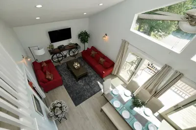 an overhead view of a living room with red furniture at A gorgeous home, 5BR-2BT, perfect for your family! in Tobyhanna