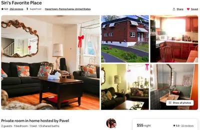 a collage of four pictures of a living room at ABnB Superhost - Siri's Favorite Place in Havertown