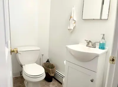 a white bathroom with a toilet and a sink at ABnB Superhost - Siri's Favorite Place in Havertown