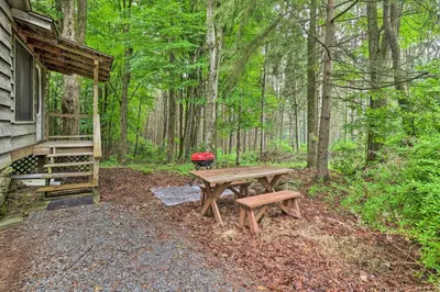 a picnic table in the woods next to a cabin at Cabin with Trails and Creek! 23 Mi to Camelback Slopes in Greentown