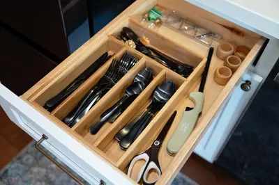 a drawer with scissors and other kitchen utensils at The Loft at Woodhaven Hideaway in Myerstown