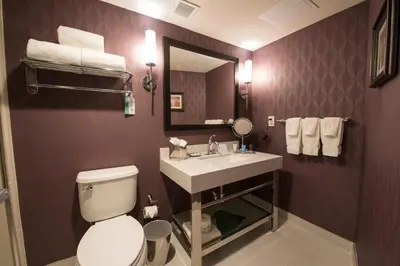 a bathroom with a toilet and a sink and a mirror at Crowne Plaza Saddle Brook by IHG in Saddle Brook