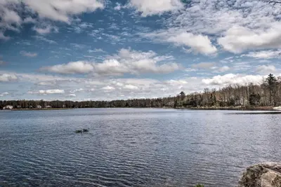 a lake with a couple of ducks in the water at Fire Pit and Furnished Deck Serene Tobyhanna Escape in Tobyhanna