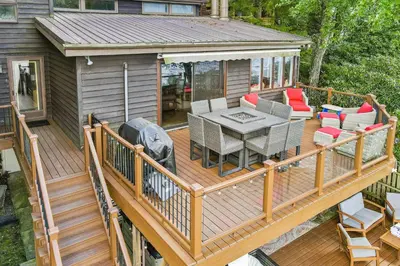 an overhead view of a deck with a table and chairs at Harmony Haven in Lake Harmony
