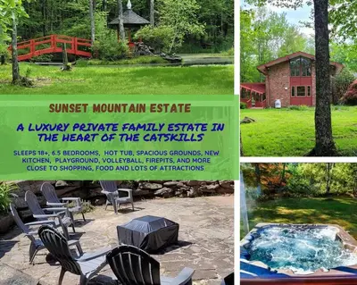 a collage of four pictures of a backyard with a fire pit at Sunset Estate in the Catskills in Monticello
