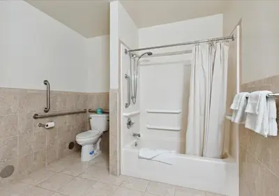 a bathroom with a toilet and a shower with a shower curtain at Edison Motor Lodge in Edison