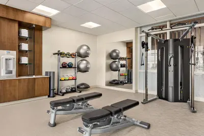 a fitness room with two treadmills and weights at SpringHill Suites by Marriott Camp Hill in Camp Hill