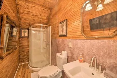 a bathroom with a toilet and a shower and a sink at 8 Mi to Hersheypark Millard Mansion in Annville in Annville
