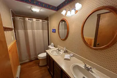 a bathroom with a sink and a toilet and a mirror at Big Boulder Lake Townhome in Lake Harmony