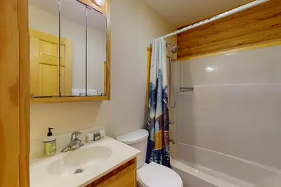 a bathroom with a sink and a toilet and a shower at The Cozy Cabin in Albrightsville