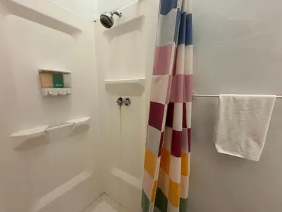a bathroom with a shower with a colorful shower curtain at The Cityline Residences in New York