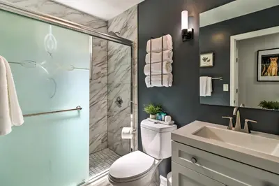 a bathroom with a shower and a toilet and a sink at Game Room, Community Beach Pocono Home! in Albrightsville