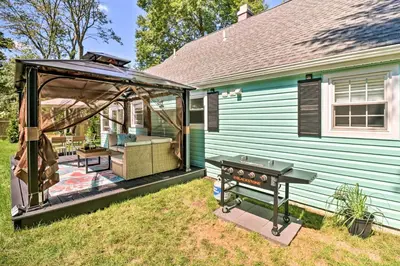a gazebo and a grill outside of a house at Game Room, Community Beach Pocono Home! in Albrightsville