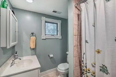 a bathroom with a sink and a toilet and a window at Charming Lambertville Retreat - 1 Mi to River! in Lambertville