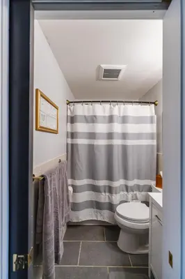a bathroom with a shower curtain and a toilet at Bedroom in thoughtfully decorated East Passyunk home (South Philadelphia) in Philadelphia