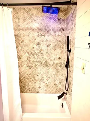 a bathroom with a shower with a shower curtain at Big Boulder Lake and Ski!!!! in Lake Harmony