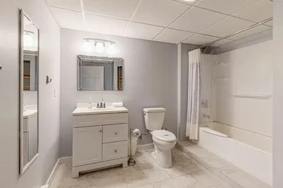 a bathroom with a toilet and a sink and a shower at Northridge Retreat in Tannersville