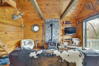 a living room with a fireplace and a tv at Deck and Forest Views Secluded Cresco Cabin! in Cresco