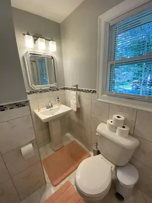a bathroom with a white toilet and a sink at Modern Home near Lake w HotTub, Game Room, Fireplace in Albrightsville