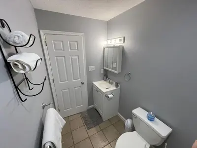 a bathroom with a white toilet and a sink at Spacious Pocono Home with Hot Tub and Fire Pit in Long Pond