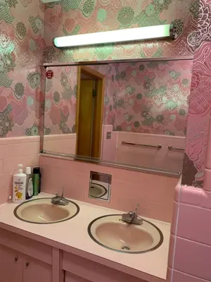 a bathroom with two sinks and a large mirror at #3 QueenSize Bed bright room near New Brunswick NJ downtown in New Brunswick