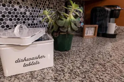 a plastic container sitting on a counter next to a potted plant at Charming Corner Newly Furnished Townhome in Lake Harmony