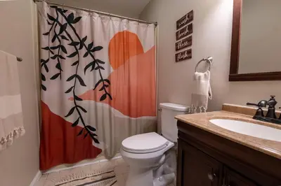 a bathroom with a toilet and a shower curtain at Charming Corner Newly Furnished Townhome in Lake Harmony