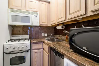a kitchen with a stove and a microwave at 350-1A Gramercy New 1BR Sleeps4 Newly Furnished in New York