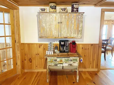 a kitchen with a table with a coffee maker on it at FRENCH WOODS FARMHOUSE Catskills Upper Delaware River Hancock NY in Hancock