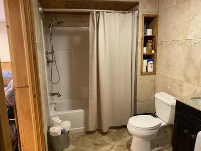 a bathroom with a toilet and a shower and a sink at FRENCH WOODS FARMHOUSE Catskills Upper Delaware River Hancock NY in Hancock