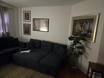 a living room with a blue couch and a plant at Pet Friendly Apartment minutes from NYC! in West New York