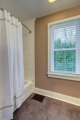 a bathroom with a shower curtain and a window at Calla Lily Farmhouse in Manheim