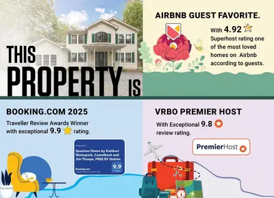 a flyer for a house with a property is shown at Spacious Home by Kalahari Waterpark, Camelback, Jim Thorpe, FREE EV and PRIVATE SAUNA in Albrightsville
