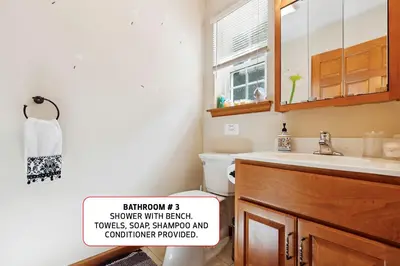 a bathroom with a sink and a toilet and a mirror at Spacious Home by Kalahari Waterpark, Camelback, Jim Thorpe, FREE EV and PRIVATE SAUNA in Albrightsville