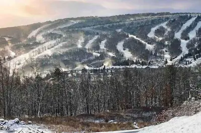 a snow covered hill with trees and a train on it at Quiet Private House w Hot Tub/Fire pit/Games in Blakeslee