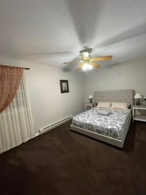 a bedroom with a bed and a ceiling fan at Quiet Private House w Hot Tub/Fire pit/Games in Blakeslee