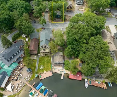 an aerial view of a marina with trees and water at Lake View Enchanted Treehouse- Lake Harmony in Lake Harmony
