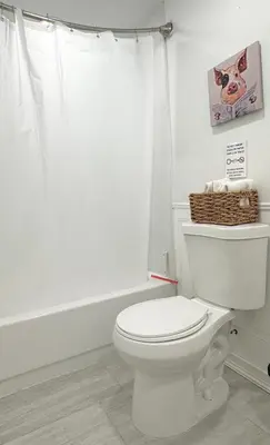 a white bathroom with a toilet and a bath tub at Classical Isbills Row House close to NYC in Bayonne