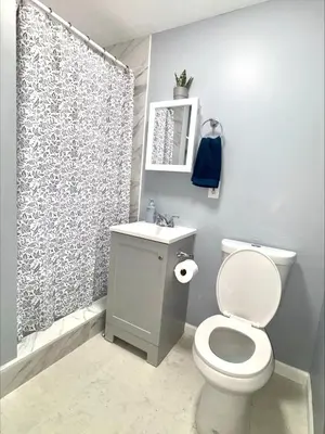 a bathroom with a toilet and a shower curtain at Cozy Apartments close to New York City in North Bergen