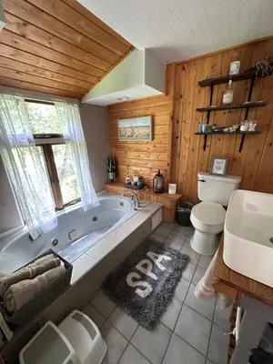 a bathroom with a tub and a toilet and a sink at Peaceful Gateway to Island Creek Cottage in East Stroudsburg