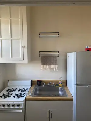 a kitchen with a sink and a white refrigerator at Comfy stay – sleeps 4 (Hoboken) in Hoboken