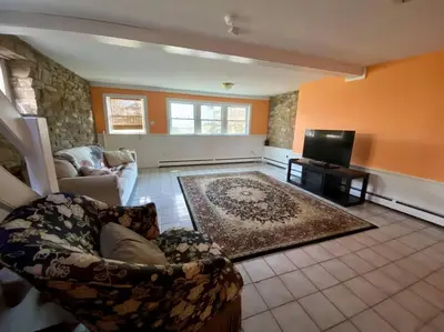 a living room with two couches and a tv at Peddlers Carriage house in New Hope