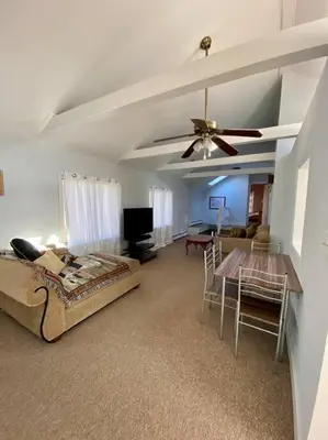 a living room with a couch and a table at Peddlers Carriage house in New Hope
